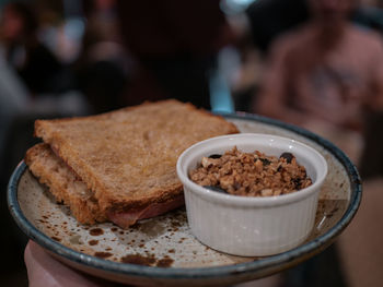 Close-up of breakfast served on table