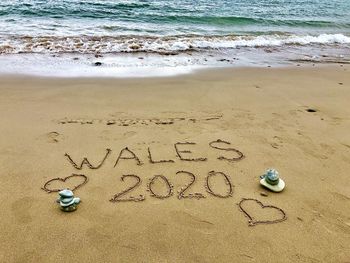 High angle view of text on sand at beach