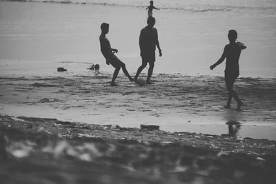 People playing with ball on sea shore