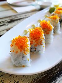 Close-up of sushi served in plate