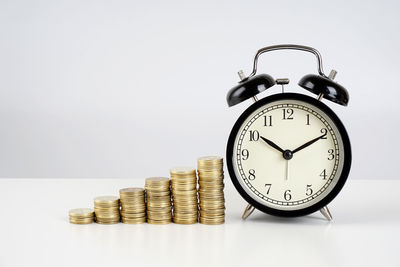 Close-up of clock on table against white background