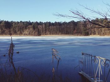 Scenic view of lake against clear sky during winter