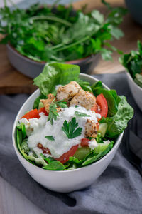 Close-up of salad served on table