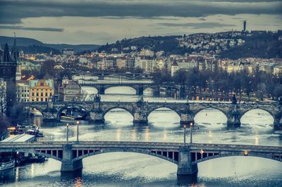 Bridge over river with buildings in background