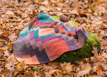 Beautiful and colorful entrelac style knitted scarf on the ground background, handicrafts