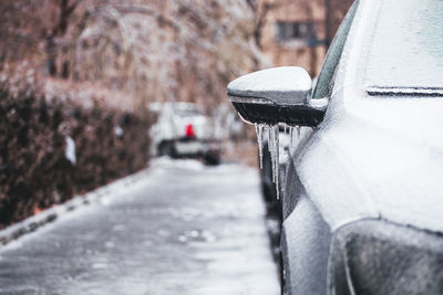 Close-up of snow on road