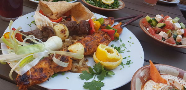 High angle view of breakfast served on table