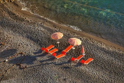 Aerial view of parasols on beach