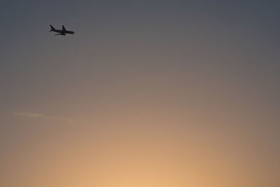 Low angle view of silhouette airplane against sky during sunset