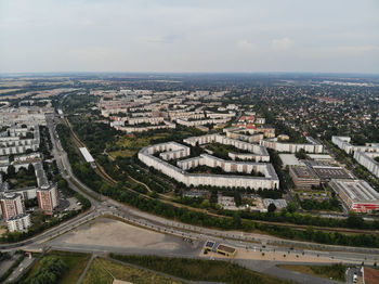 High angle view of street amidst buildings in city