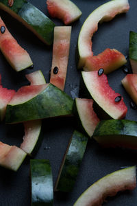 High angle view of watermelon rinds on table at home