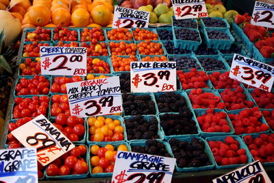 High angle view of various fruits for sale at market stall