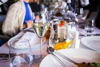 Glass of wine on table in restaurant