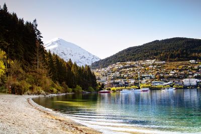 Scenic view of lake and mountains against clear sky