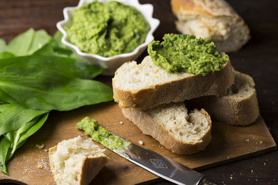 Close-up of bread with condiment on cutting board