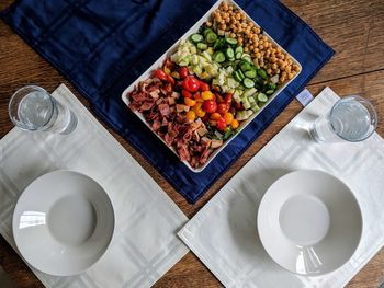 High angle view of food served on table