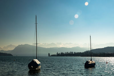 Sailboats in sea against sky