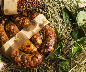 High angle view of food on hay