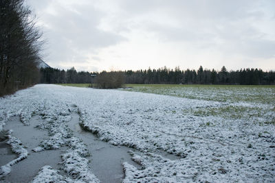 Scenic view of snow covered field against sky