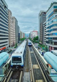 High angle view of railroad tracks amidst buildings in city
