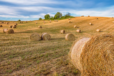 Scenic view of hay bales on harvested wheat field in provence france against dramatic summer sky