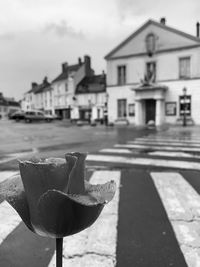 Close-up of wet street by buildings against sky