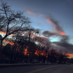 Bare trees against cloudy sky at sunset