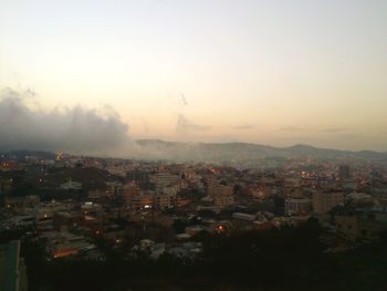High angle view of townscape against sky during sunset