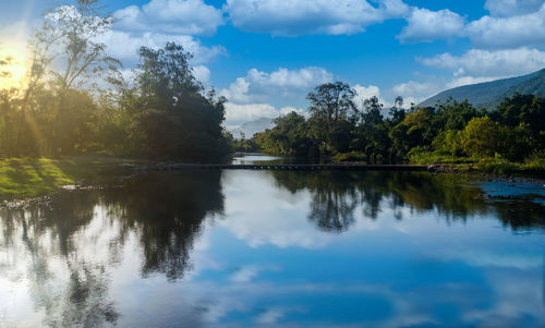 Scenic view of lake by trees against sky