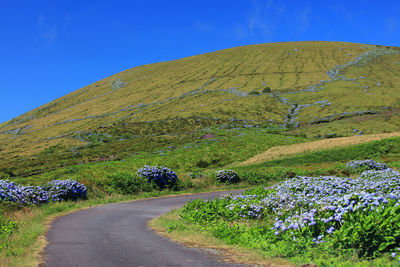 Scenic view of mountains against clear blue sky