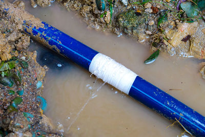 High angle view of blue water pipe