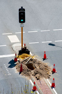 Road sign on street in city