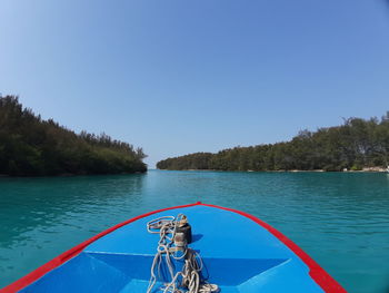 Scenic view of lake against clear blue sky