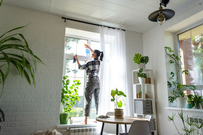 Rear view of woman holding potted plant