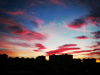 Silhouette cityscape against sky during sunset