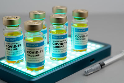 Close-up of bottles on table