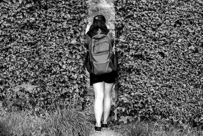 Rear view of woman standing amidst ivy