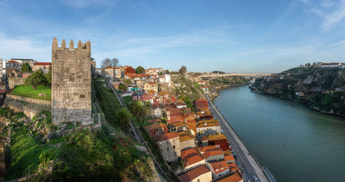 High angle view of buildings by sea against sky