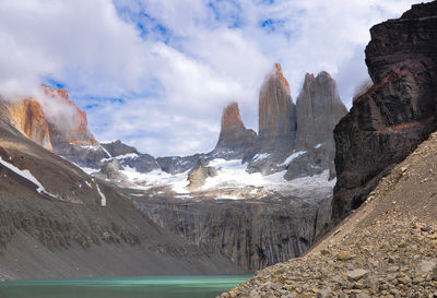Scenic view of lake and rocky mountains at torres del paine national park