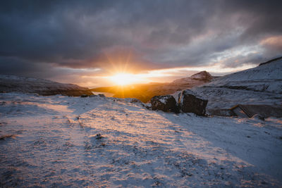 Snow covered land against sky during sunset