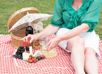 Woman in a green blouse sits on a red checkered picnic rug, red wine and chees