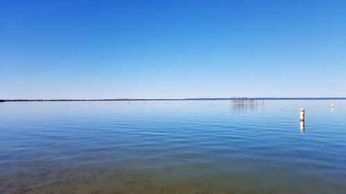 Scenic view of lake against clear blue sky