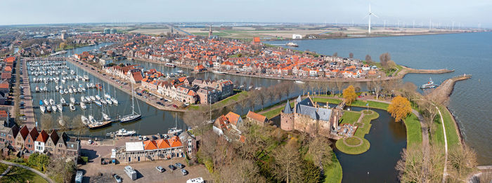 High angle view of buildings in city