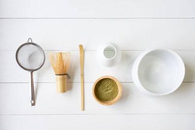 High angle view of objects on table