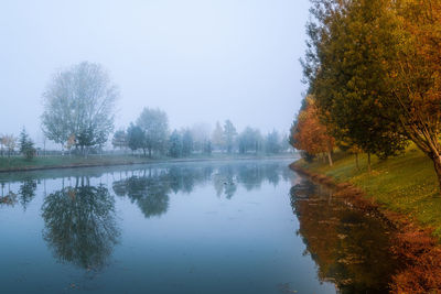 Scenic view of lake against clear sky during autumn