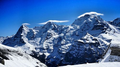 Scenic view of snow covered mountains against cloudy sky