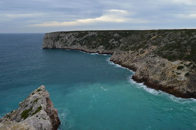 Rock formations by sea against sky