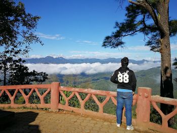 Rear view of man looking at mountains against sky