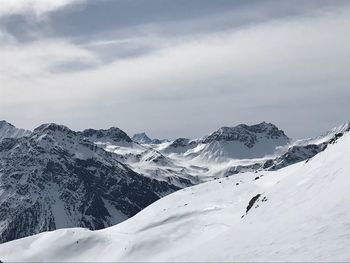 Scenic view of snow covered mountains against sky