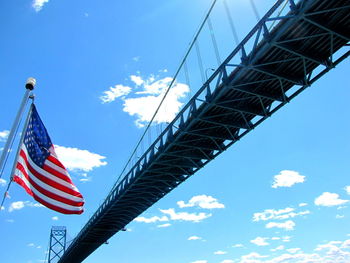 Low angle view of suspension bridge against blue sky